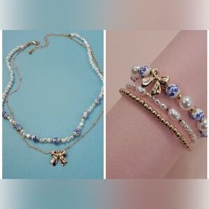 Gold and Pearl Bow Necklace and Bracelet Set